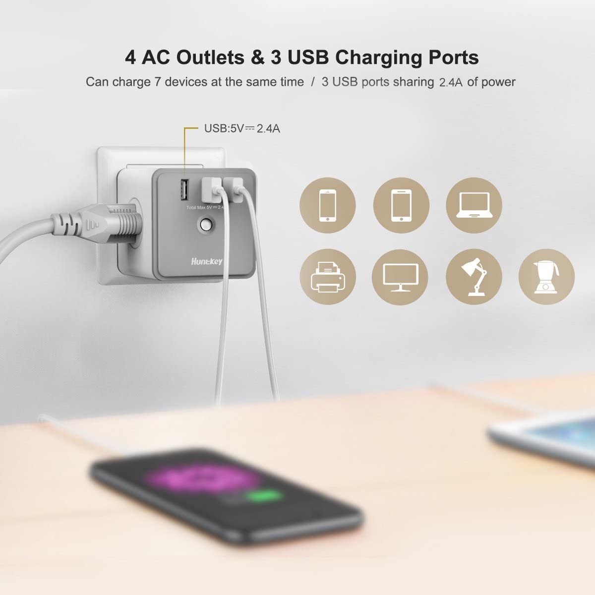 Surge Adapter with 4 AC Outlets and 3 USB Charging Ports